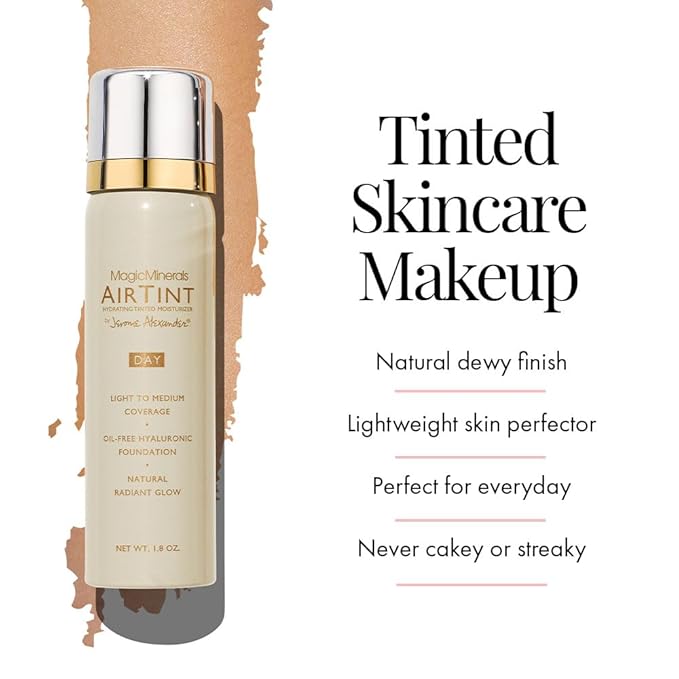 Jerome Alexander MagicMinerals AirTint Tinted Moisturizer AirBrush Spray Light Shade | Tinted Moisturizer Spray with Anti-Aging Ingredients | Warm Medium