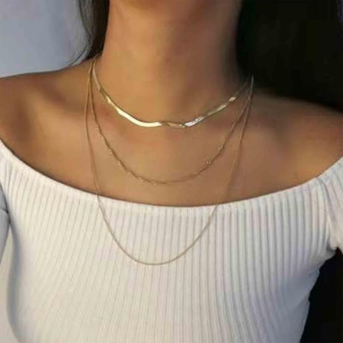 Punk Layered Chain Necklace Gold Flat Snake Chain Necklace Choker Vintage Herringbone Necklace Stacking Chunky Necklace Chain Jewelry for Women and Girls Gift