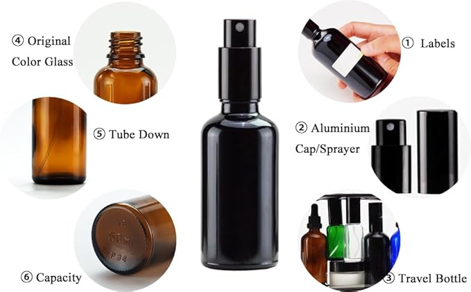YIZHAO Black Glass Spray Bottles 2oz, with Small Fine Mist Spray, Metal Cap, Refillable for Essential Oil,Travel,Cleaning,Perfume,Aromatherapy,Makeup – 6 Pcs