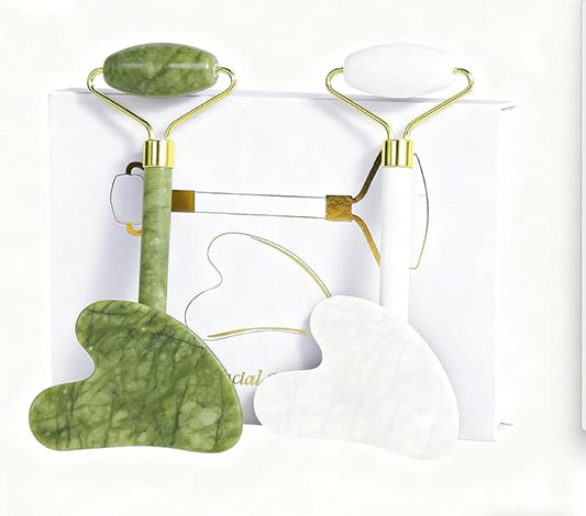 Jade Roller Gua Sha Tools – Nature Gua Sha Facial Tool Skin Tightening Face Massager Anti-Aging Jade Face Roller Puffiness Reducing Guasha Stone for Women Men 2-Color Pack(G/W)
