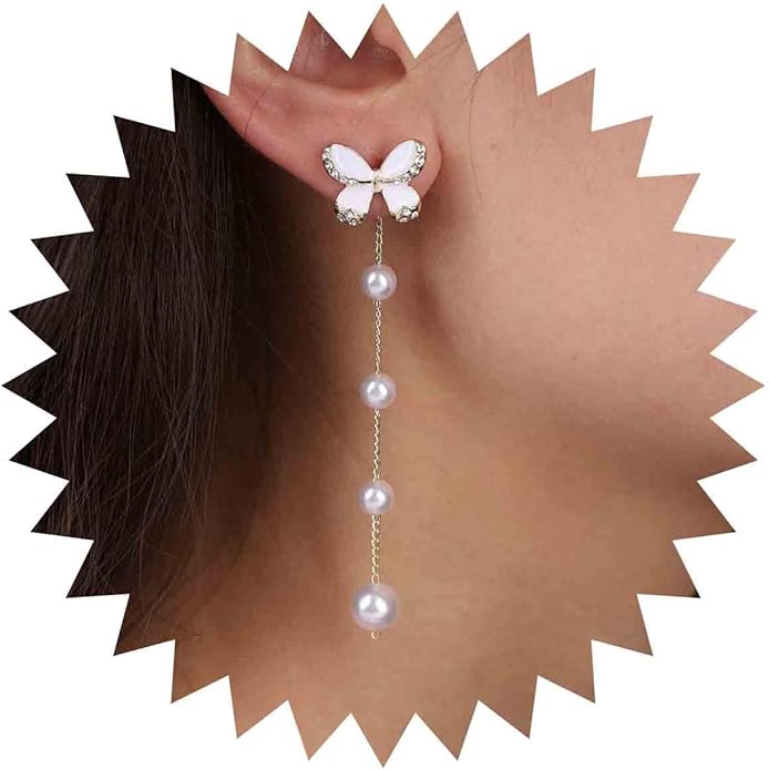 Vintage Butterfly Pearl Drop Earrings Gold Pearl Chain Earrings Long Pearl Tassel Earrings White Butterfly Stud Earrings Wedding Pearl Earrings Jewelry for Women