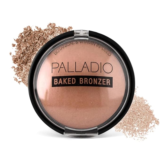 Palladio Baked Bronzer, Highly Pigmented and Easy to Blend, Shimmery Bronzed Glow, Use Dry or Wet, Lasts all day long, Provides Rich Tanning Color Finish, Powder Compact, Atlantic Tan