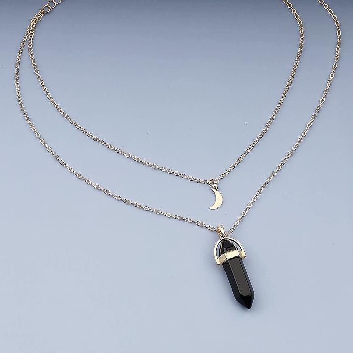Boho Layered Moonstone Necklace Chain Gold Moon Pendant Necklace Black Hexagonal Stone Necklace Jewelry for Women
