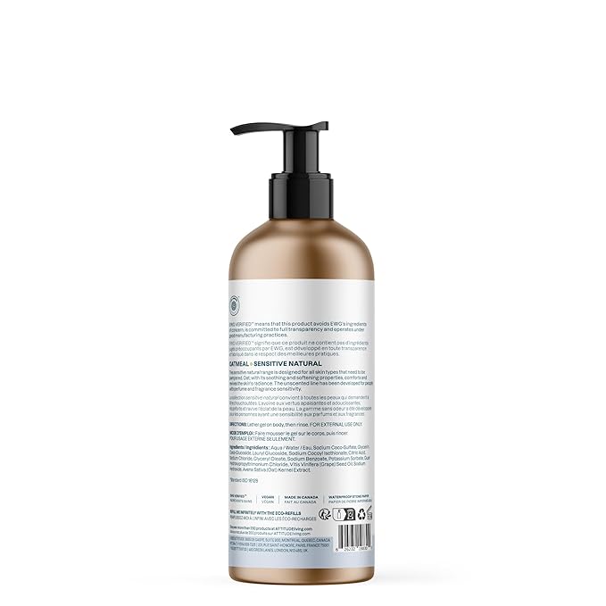 ATTITUDE Gentle Hand Soap for Sensitive Skin, EWG Verified, Enriched with Oats, Dermatologically Tested, Vegan, Unscented, Aluminum Bottle, 16 Fl Oz