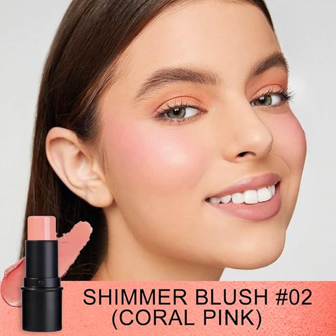 evpct 2Pcs Shimmer Orange Cream Blush Stick for Cheeks Lips Tint Eyes Contour Highlighter Makeup Sticks Lightweight Hydrating formula rubor en crema para los cachetes 02 Coral Pink & 03 Coral Orange