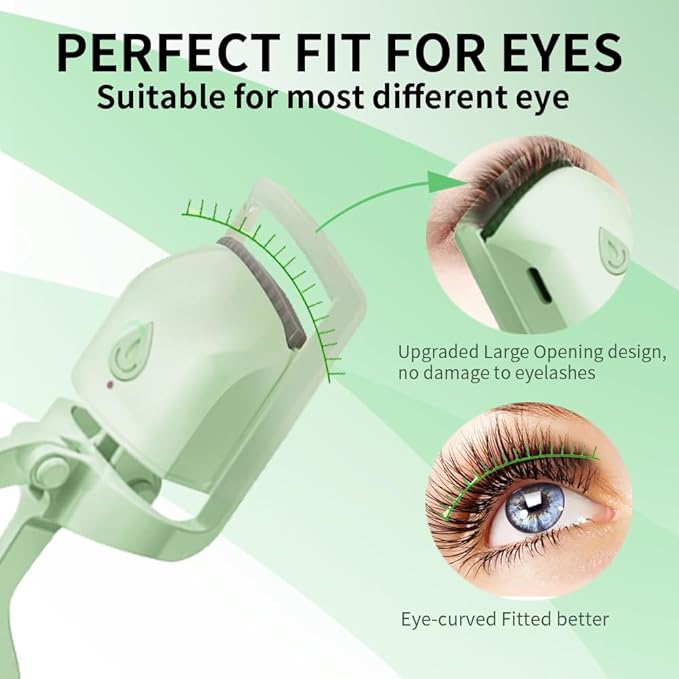 Heated Eyelash Curler – 5s Fast Heat-Up, 24H Long-Lasting Curls, Safe Anti-Burn Design – Rechargeable C-Shaped Electric Lash Curler for Stunning, Effortless Lashes, Green