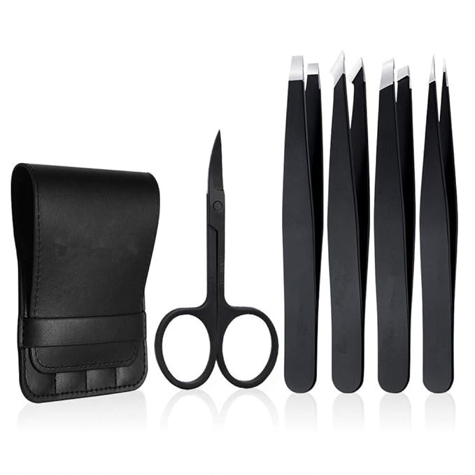 Tweezers Set 5-Piece - Professional Stainless Steel Tweezers with Curved Scissors, Best Precision Tweezer for Eyebrows, Splinter & Ingrown Hair Removal with Leather Travel Case (Black)