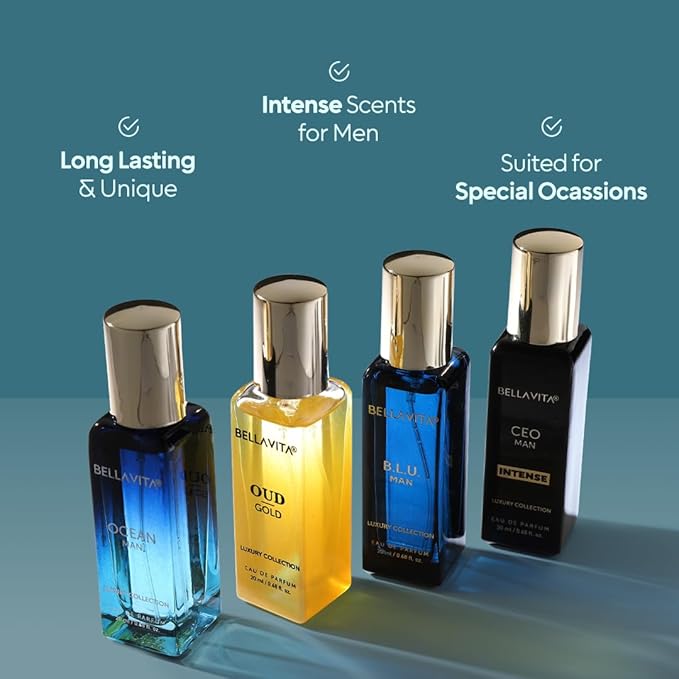 BellaVita Luxury Collection Eau De Parfum Gift Set (4x20ml) | Premium Unisex Perfume Set | Notes of Aqua, Musk, Amber and Bergamot | Includes OUD GOLD, OCEAN, B.L.U. & CEO Intense | Perfume Gift