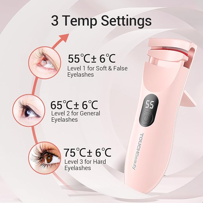 TOUCHBeauty Rechargeable Heated Eyelash Curler with LED Display, Featuring 3-Level Adjustable Temperature for a Natural, Long-Lasting Curl (Up to 24 Hours) AG-2316-Pink