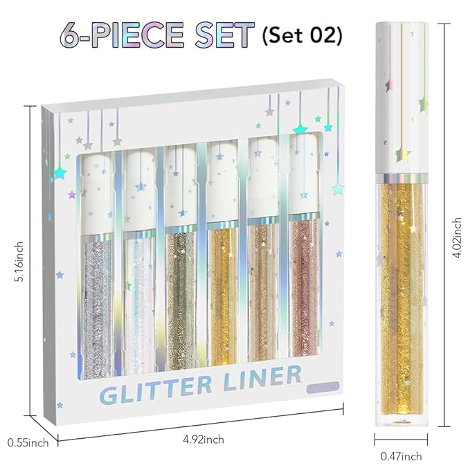 6Pcs Shimmer Metallic Eyeshadow Eyeliner Set - Glitter Sparkle, Long Lasting, Quick Drying, Waterproof & Smudge Proof, High Pigment Liquid Eyeshadow for Parties, Cosplay, Weddings (Set 2#)