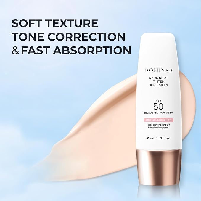 SPF 50 DOMINAS Tinted Sunscreen Moisturizer (1.7fl oz) - Tone Correction, Korean Skin Care, Broad-Spectrum UV Defense Sunblock, Water-in-Oil Formula for Lightweight, Panthenol, Sun Cream