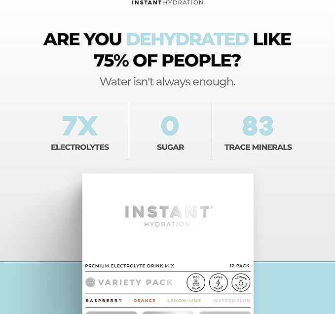 Instant Hydration Electrolytes Powder Packets - Variety Pack - Zero Sugar - Keto, Vegan, Gluten-Free, Non-GMO - Boost Recovery, Brain Function, Muscle & Tissue Health - 12 Sticks