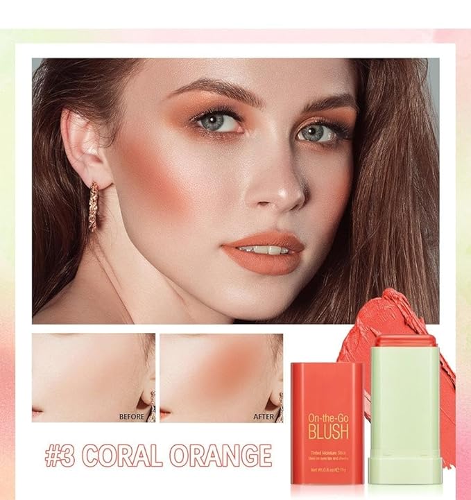 On-the-Go Makeup Blush Stick Tinted Moisture Stick, Shadow Lips Cheek Blusher Creamy Makeup Long Lasting Natural Nude Makeup for All Skin (orange)