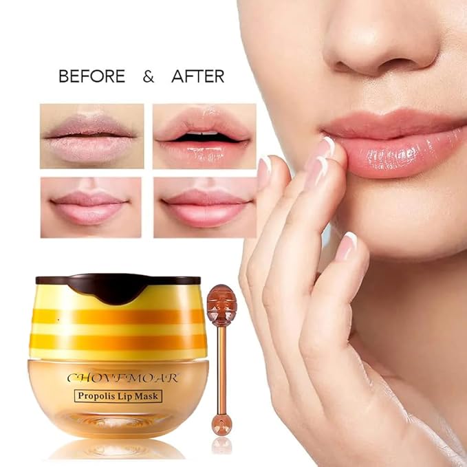 4PCS Nourishing Bee Lip Balm Honey Pot, Honey & Strawberry Lip Mask Moisturizing Lip Balm with Brush, Hydrating & Prevention Dry and Cracked Lips Reduces Lip Lines Lip Care Product