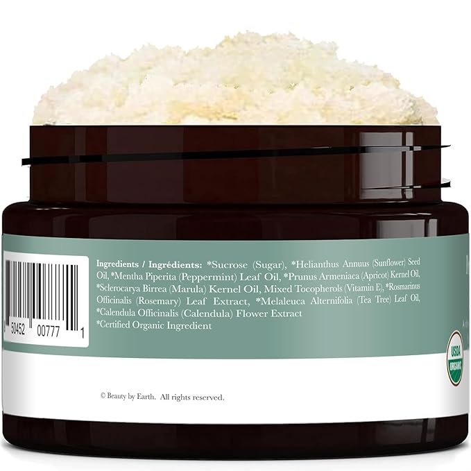 Peppermint Tea Tree Organic Body Scrub - USA Made Sugar Scrub with Natural Ingredients, Moisturizing Body & Foot Exfoliator for Dry and Sensitive Skin, Removes Dead Skin Cells & Reduces Ingrown Hair