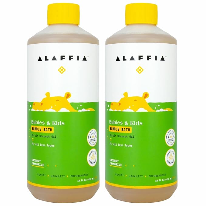 Alaffia Babies and Kids Bubble Bath, Gentle Bath Essentials for Delicate Skin, Plant-Based Formula, Paraben & Sulfate-Free, Vegan, with Long-Lasting Bubbles, Coconut Chamomile, 2 Pack - 16 Fl Oz Ea