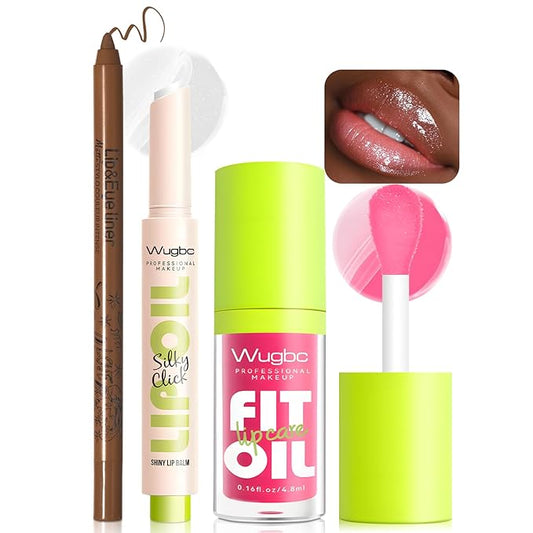 Brown Lip Liner Pink Lip Gloss Fat Oil Slick Click Clear Shimmer, Ultra-Hydrating Lip Balm Tinted Lip Glow Oil for Women Makeup, Lightweight Non Sticky Liquid Lipstick Lip Liner Pencil Combo Set