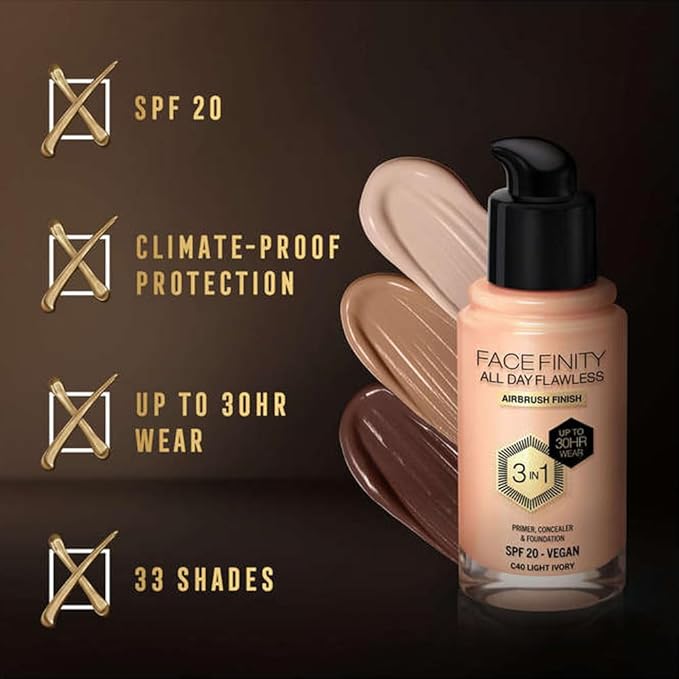 Max Factor Facefinity All Day Flawless 3 In 1 Foundation SPF 20, No. 40 Light Ivory