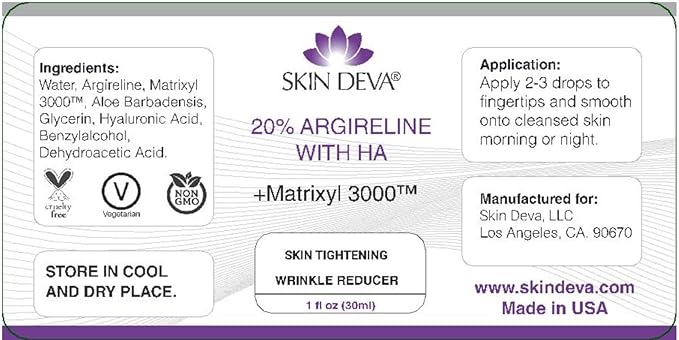 SKIN DEVA 20% Argireline Serum with Matrixyl 3000 Pure Hyaluronic Acid Serum For Face Deep Wrinkle Reducer Anti Aging Tones Skin and Stimulates Collagen Peptides Serum For Face