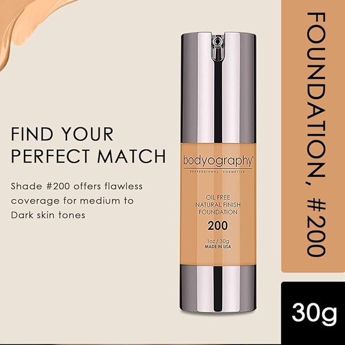 BODYOGRAPHY - NATURAL FINISH Foundation (Med/Dark#200): Oil-Free Anti-Aging Gluten-Free, Paraben-Free