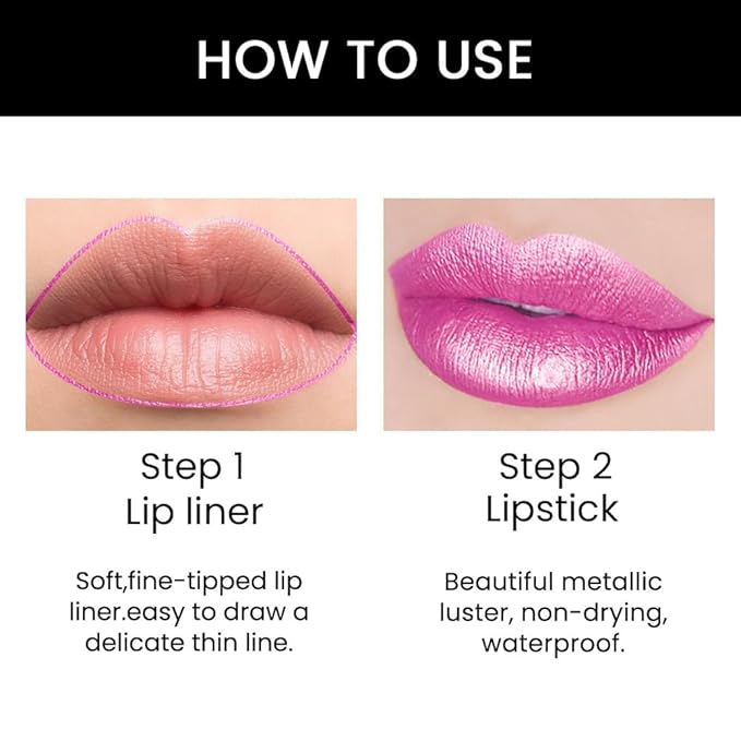 2-in-1 Fuchsia Lip Liner & Lipstick Set Kit for Women, Metallic Lips Kit with Lip Liner Lip Stains Long Lasting Waterproof 24 Hour Lipstick and Lip Liners Combo Lipliners Pencil Set 19