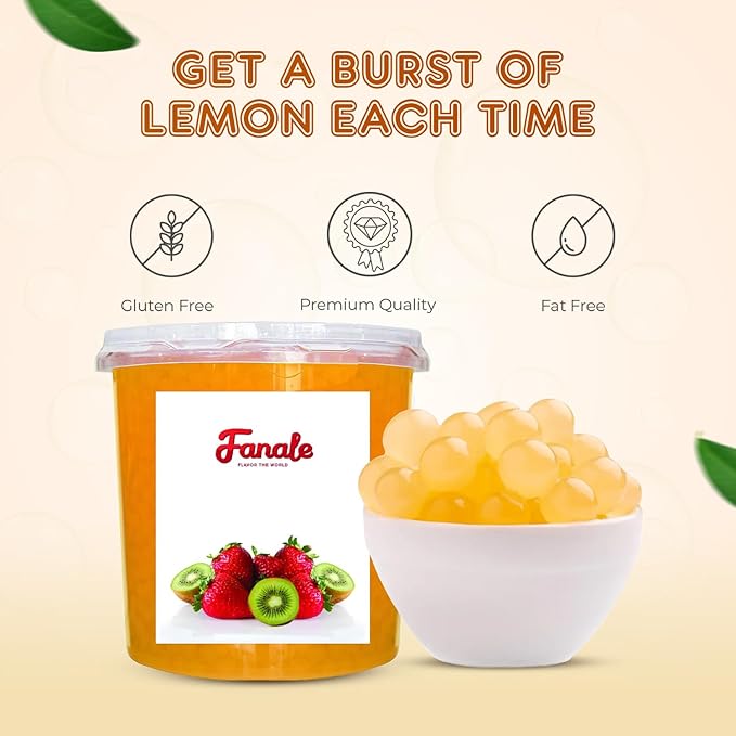 Fanale Lemon Popping Boba Pearls, Vegan, Non GMO, Gluten Free, Fat Free, Perfect for Bubble Tea, Smoothies, Ice Cream, Desserts, and Beverages.