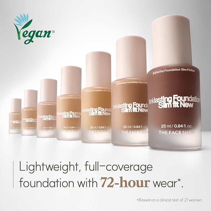 THE FACE SHOP Ink Lasting Liquid Foundation, Full Coverage, 72‑Hour Wear Semi‑Matte Finish, Makeup with Bakuchiol, W310 Caramel, 0.84 Fl. Oz.