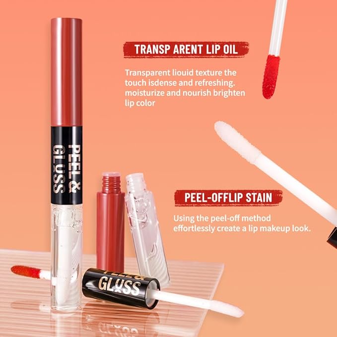 2Pcs Peel Off Lip Gloss Tattoo and Lip Oil 2-in-1, Lip Stain Peel Off Masque - Peel Off Lip Tint ,Long Lasting Waterproof Transfer-proof Lip Mask Lip Gloss Peel Off Lip Liner,Stay Lip Makeup 05#+08#