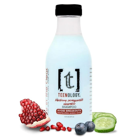Teenology Shampoo for Teens - Avoid Forehead and Body Breakouts - No Sulfates or Parabens, Noncomedogenic, Natural Botanical Extracts, 16 oz. (Blueberry Pomegranate Cucumber)