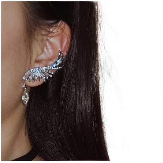 Boho Crystal Angel Wing Earrings Silver Rhinestone Wing Earrings Cz Crystal Ear Climber Earrings Guardian Wing Clip on Earrings Jewelry for Women and Girls Gifts