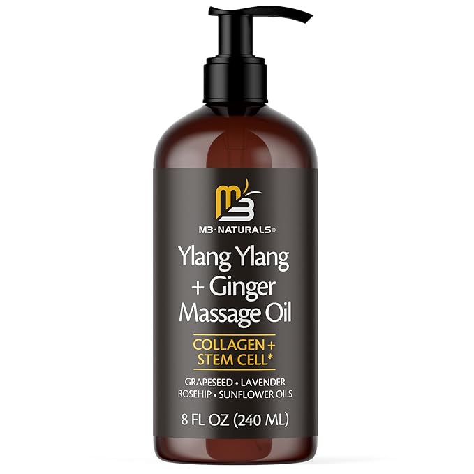 Ylang Ylang + Ginger Lymphatic Drainage Massage Oil – with Collagen & Stem Cells for Circulation, Detox & Cellulite Removal – Body Oil for Muscle Relief, Skin Firming & Relaxation – 8oz by M3 Naturals