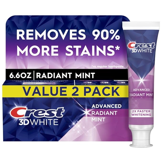 Crest 3D White Advanced Teeth Whitening Toothpaste, Radiant Mint, 3.3 oz, Pack of 2
