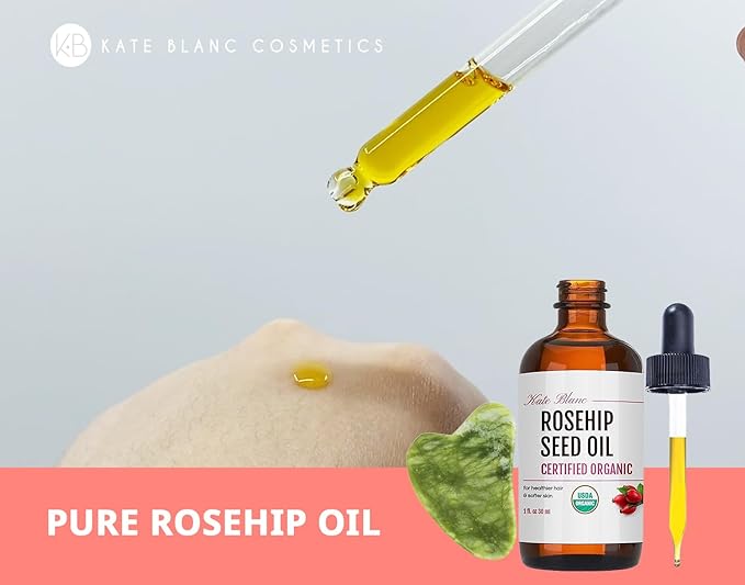 Kate Blanc Cosmetics Rosehip Oil for Face with Jade Gua Sha Stone (1oz, Organic, Pure, Cold Pressed) Rosehip Seed Face Oil for Gua Sha Massage