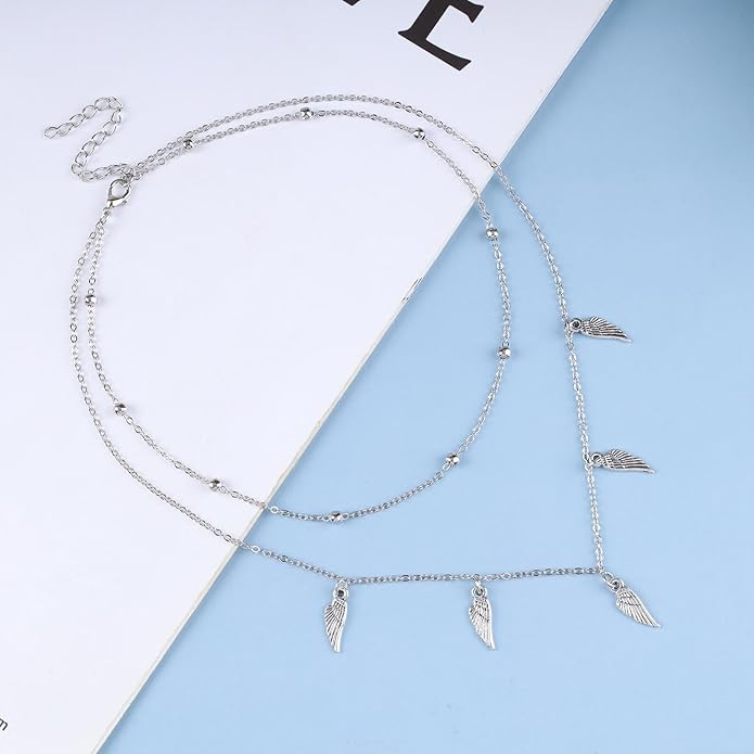 Vintage Layered Wing Dangle Necklace Angel Wing Pendant Necklace Tiny Wing Choker Necklace Silver Angel Wing Necklace Jewelry for Women