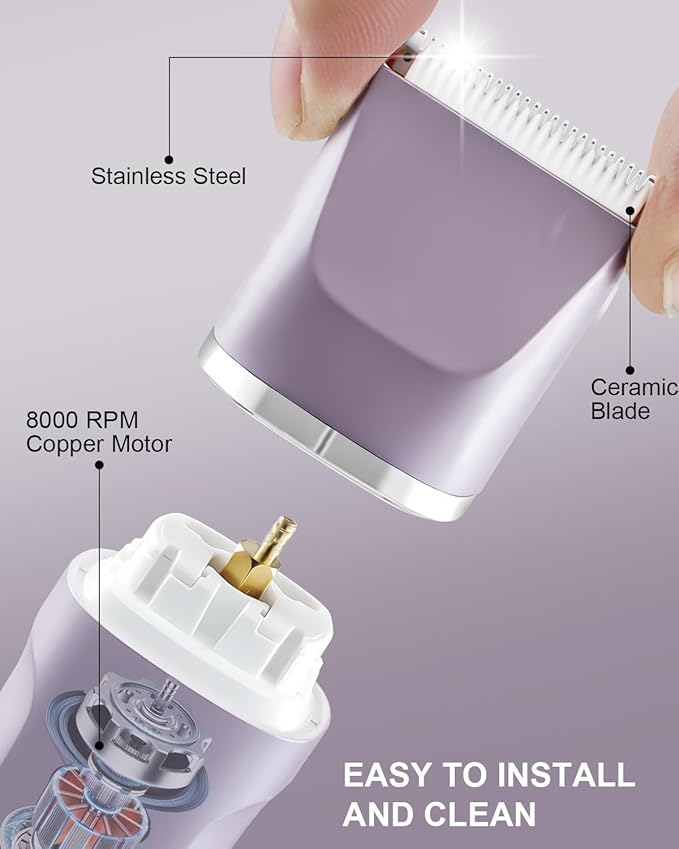 Bikini Trimmer for Women Painless Electric Razor for Women,3 in 1 Pubic Hair Trimmer,USB Recharge Dock,Replaceable Ceramic Blade Heads,IPX7,Personal Shaver Kits,Purple