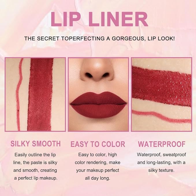 2-in-1 Dark Burgundy Wine Matte Lip Liner and Lipstick Set – Long Lasting 24H Waterproof Red Lip Stain, Smudge Proof Lip Pencil Kit, Lip Makeup for Women and Girls, 09 Combo lapiz de labios