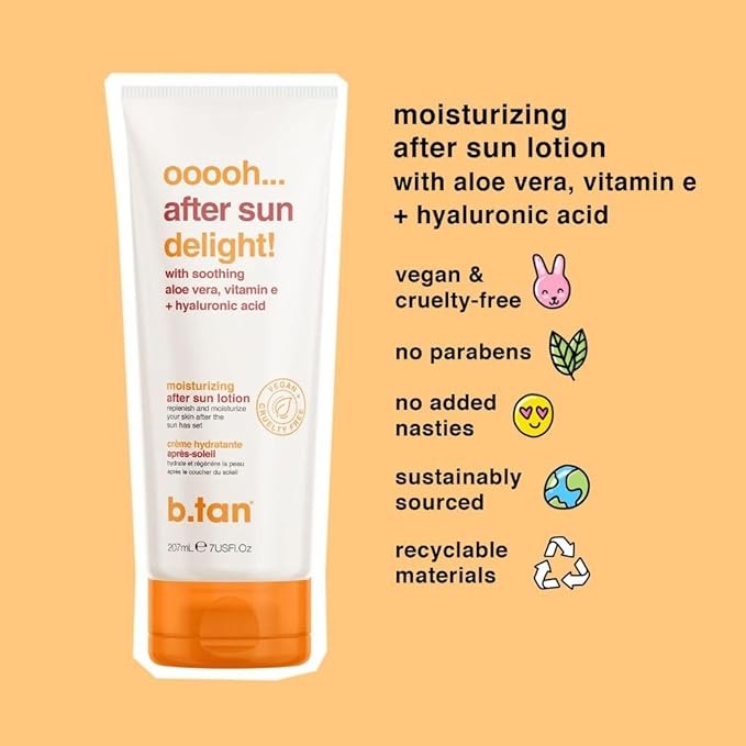 B.TAN After Sun Lotion | Ooooh Aftersun Delight - Aloe Vera & Hyaluronic Acid, Sun Burn Skin Relief, Moisturizing Body Cream, 7 Fl oz