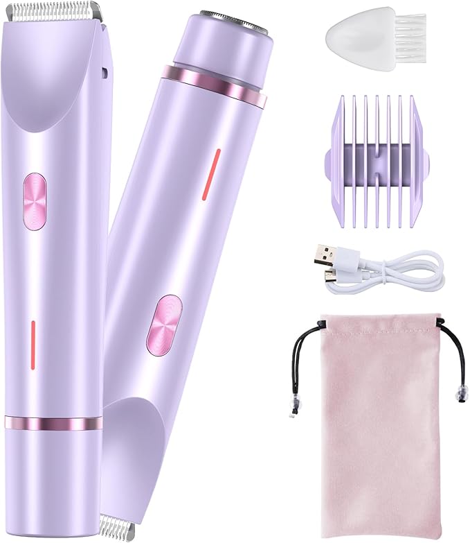 Bikini Trimmer for Women, 2 in 1 Dual-Head Electric Shaver for Women Pubic Hair, Waterproof Wet/Dry Use Body Hair Trimmer and Face Razors, Rechargeable Hair Removal for Bikini Legs Face Underarm Arm