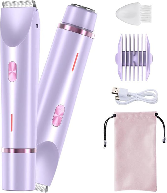 Bikini Trimmer for Women, 2 in 1 Dual-Head Electric Shaver for Women Pubic Hair, Waterproof Wet/Dry Use Body Hair Trimmer and Face Razors, Rechargeable Hair Removal for Bikini Legs Face Underarm Arm