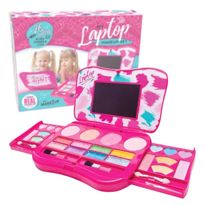 My First Makeup Set for Young Girls I Kids Makeup Kit for Little Girls I Foldable Makeup Palette with Makeup Mirror I Pink Set Makeup for Kids Vanity I Washable Laptop Design Toddler Makeup Kit Gift