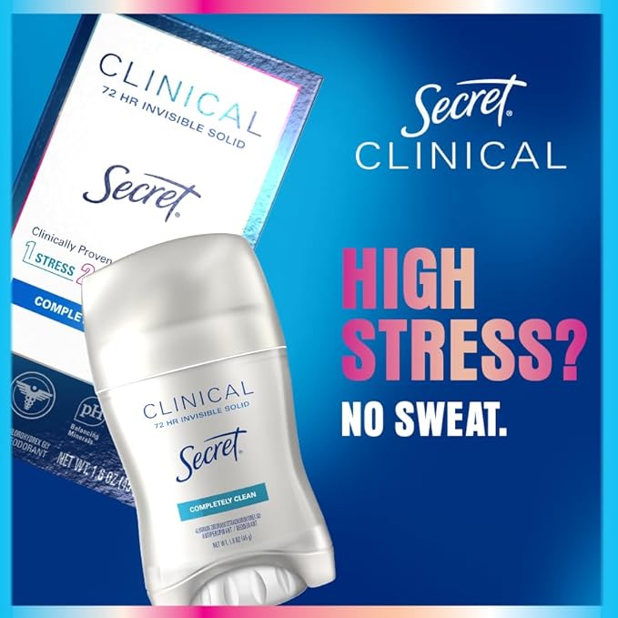 Secret Clinical Strength Antiperspirant Deodorant for Women, 3X Stress Protection, 72hr Sweat & Odor Protection, PH Balancing Minerals, Invisible Solid, Cool Waterlily Scent, 2.6 oz