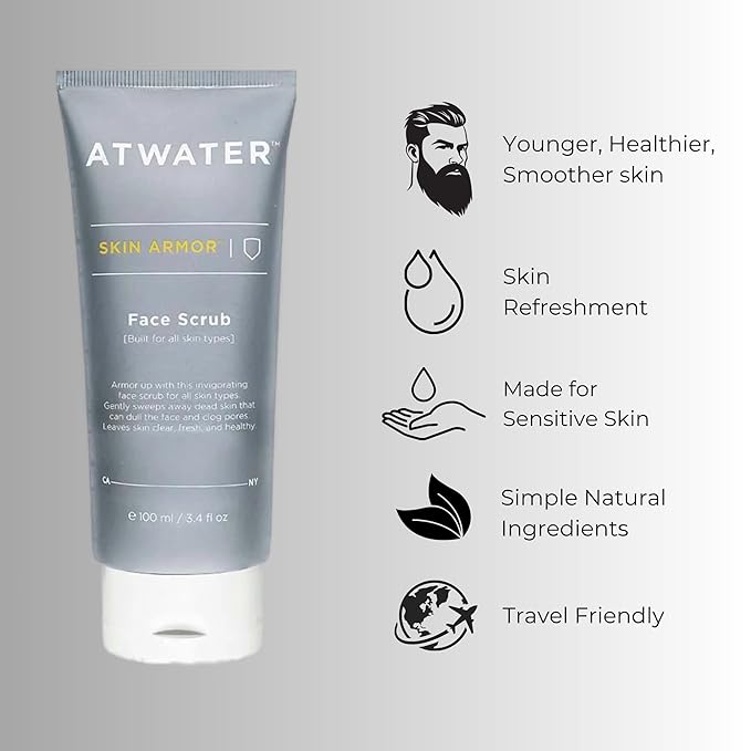 ATWATER Skin Armor Exfoliating Face Scrub, Men's Facial Cleanser with Jojoba Beads and Salicylic Acid, Non-Abrasive Skin Exfoliator for All Skin Types - 3.4 oz