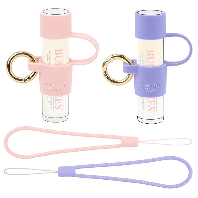 Desing Wish 2 PCS Silicone Lip Balm Holder with Cap Cover Portable Chapstick Holder Keychain Sleeve Lip Balm Key Chain with Key Ring and Wrist Strap Lanyard - Pink/Purple