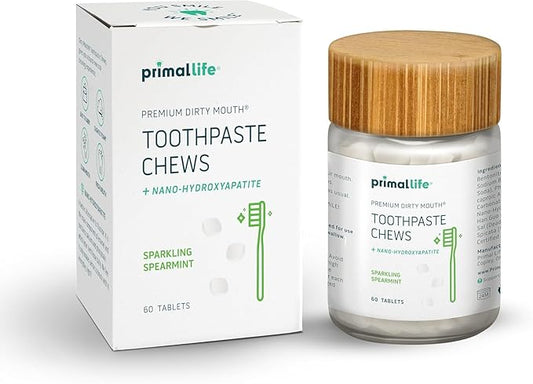 Primal Life Organics Premium Dirty Mouth Toothpaste Chews – Nano-Hydroxyapatite Whitening Toothpaste Tablets for Adults - Gluten Free, Vegan, Paleo - 60 Tablets in Jar - Sparkling Spearmint