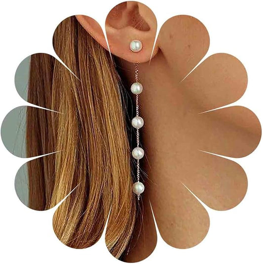 Boho Pearl Drop Earrings Long Pearl Tassel Earrings Gold Pearl Chain Earrings Vintage Pearl Stud Earrings Jewelry for Women