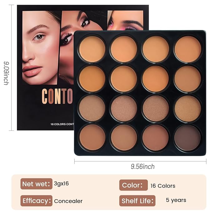 Professional Light Medium Brown Contour Highlight Palette,Multiple Full Coverage Makeup Palet for Correcting, Easy Blending, Long-lasting formula, Sculpt & Highlighting,Matte and Shimmer Finish, 16A