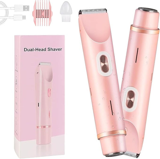 Glow Aura Womens Shaver 2 in 1,2025 New Razor & Shaver with Dual Ceramic Head,Bikini Trimmer for Women,IPX67 Waterproof Wet & Dry Use Body and Face Hair Trimmer for Women (Pink)