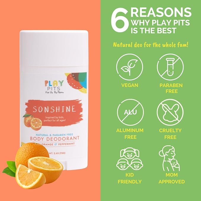 PLAY PITS - Natural Kids Whole Body Deodorant - Safe for Girls & Boys w/Sensitive Skin of All Ages - Clean & Paraben Free – SUGA, SONSHINE, & HAPPY - Infused w/Essential Oils – Variety 3 pack