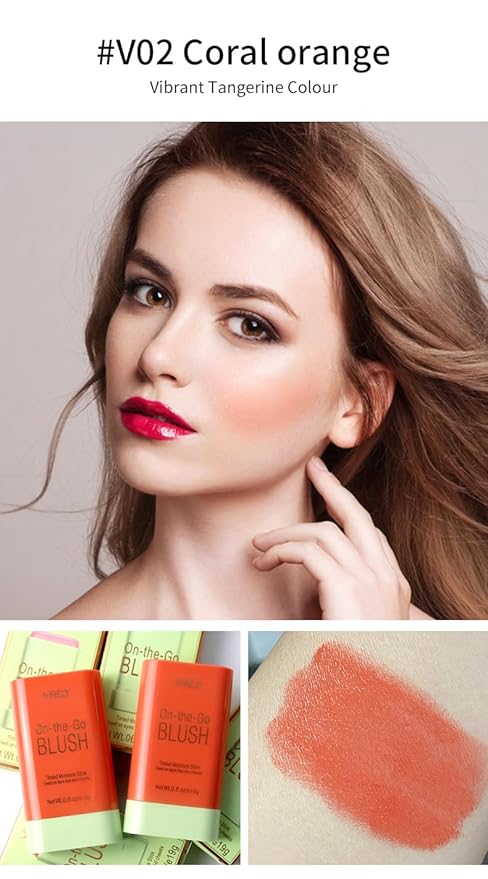 Multi-Use Makeup Blush Stick, Cream Blush Stick, Tinted Solid Moisturizer Stick for Cheek & Eyes & Lips, Waterproof Natural Nude Makeup, Suitable for All Skin (3#Coral Orange)