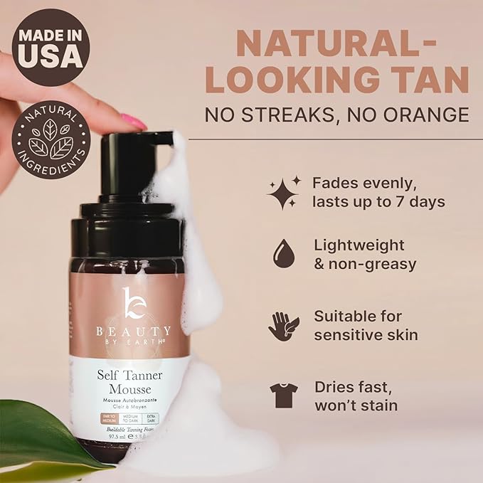 Self Tanner Mousse - USA Made with Natural & Organic Ingredients, Self Tanning Mousse for Fake Tan, Sunless Tanner for Pale Skin, Clear & Non Toxic Tanning Foam for Streak Free Finish, No Orange Color